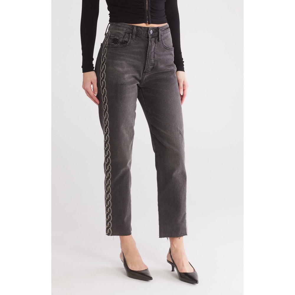 Driftwood Royce Black Wash Side Embroidered Straight Jeans Women's Size 26